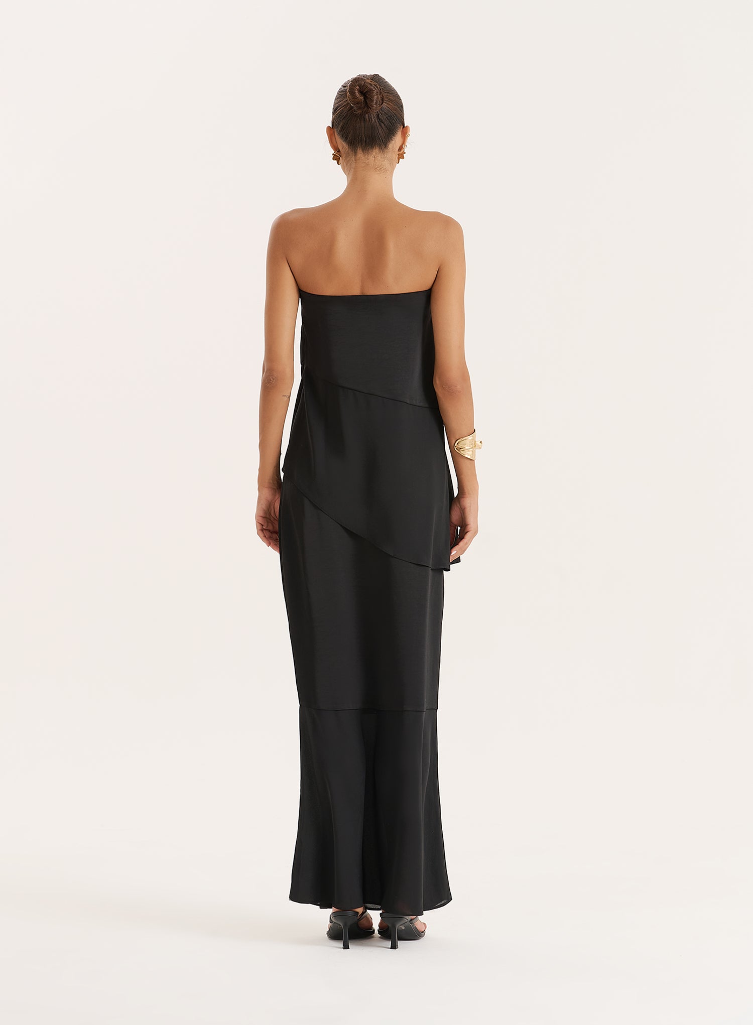 Black Satin And Chiffon Bandeau Asymmetric Top